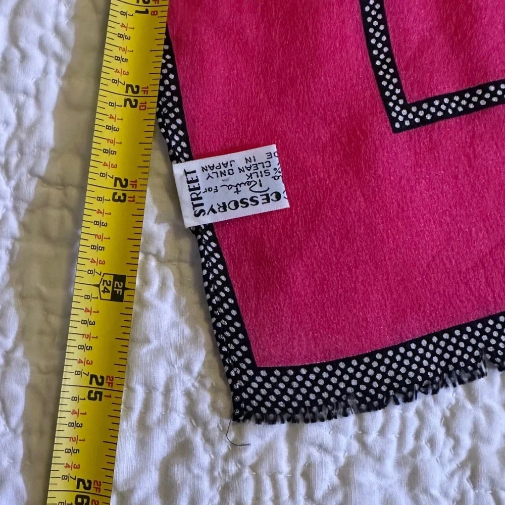 Oscar de la Renta Silk Scarf Magenta Pink Black Polka Dot Border Made in Japan